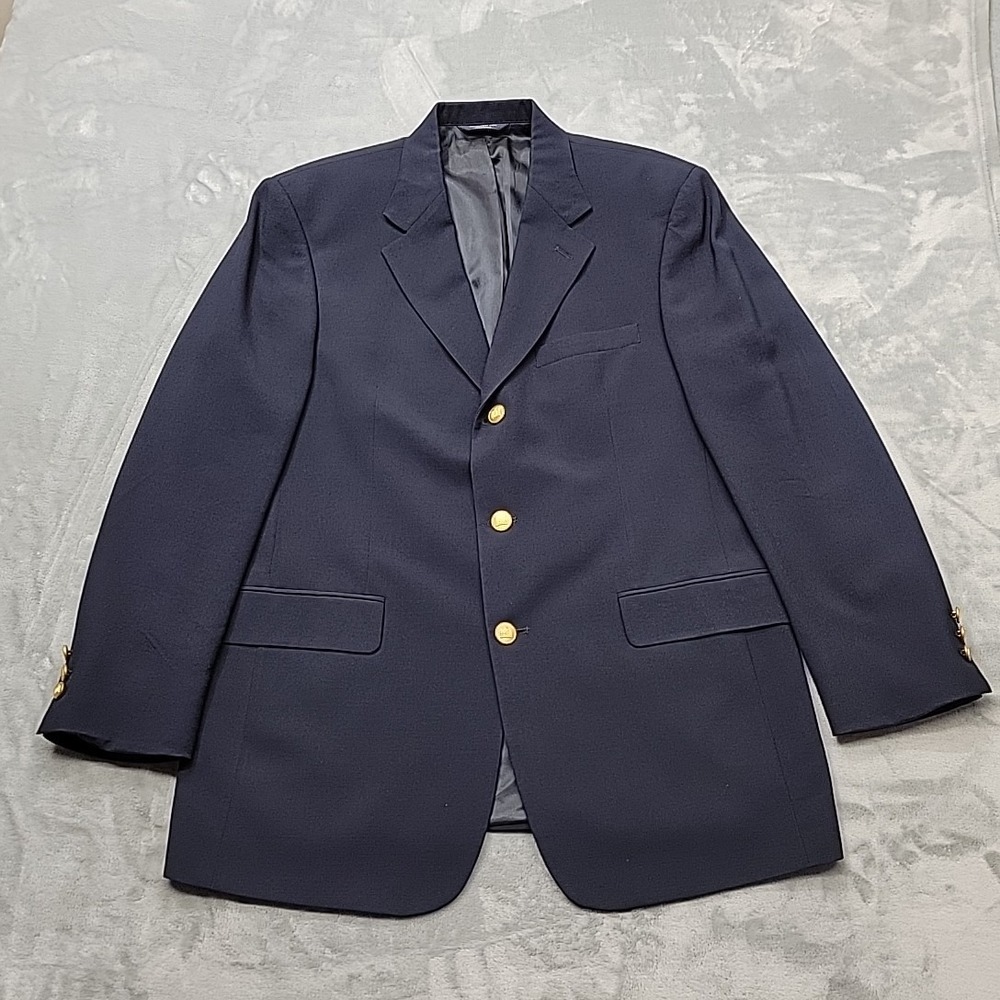 Brooks 346 Jacket Mens 40R L Navy Blazer 3-Button Wool Gold Crest Career Preppy